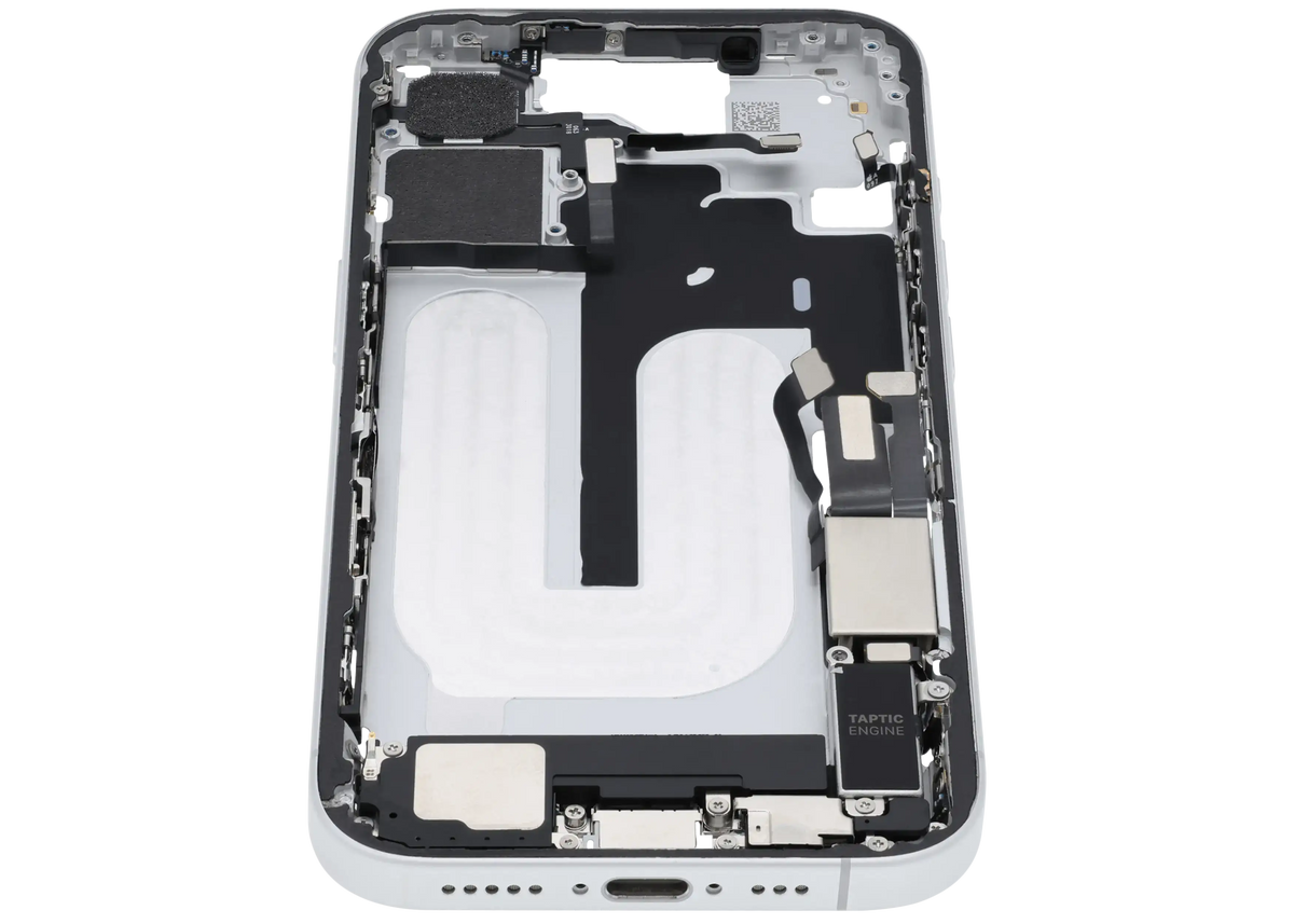 Mid Frame Housing W/ Charging Port Flex & Small Parts For I Phone 16 (Us Version) (Used Oem Pull: Grade A) (White)