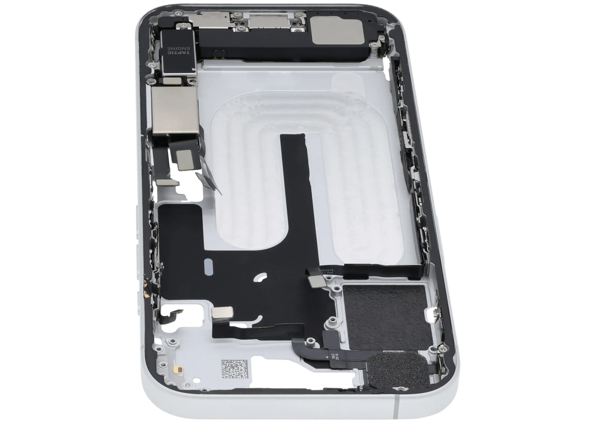 Mid Frame Housing W/ Charging Port Flex & Small Parts For I Phone 16 (Us Version) (Used Oem Pull: Grade A) (White)