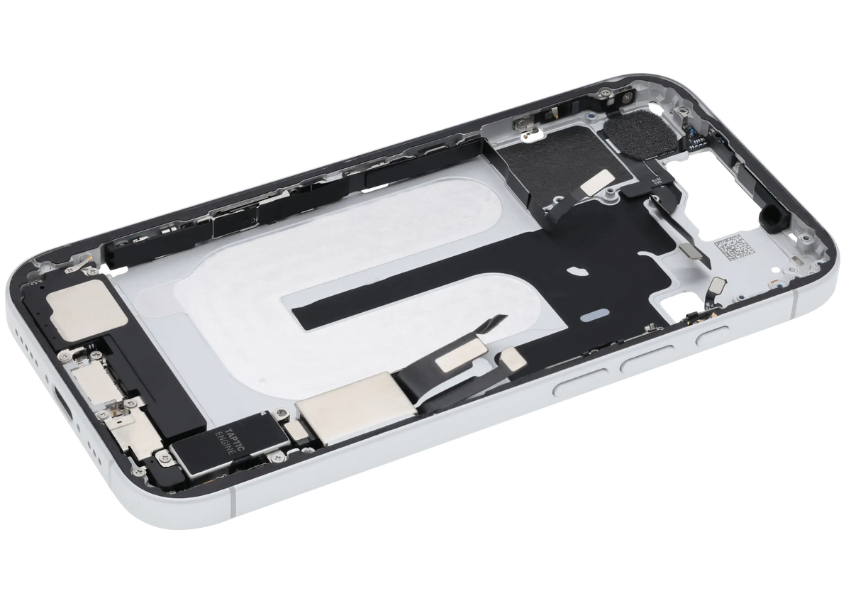 Mid Frame Housing W/ Charging Port Flex & Small Parts For I Phone 16 (Us Version) (Used Oem Pull: Grade A) (White)