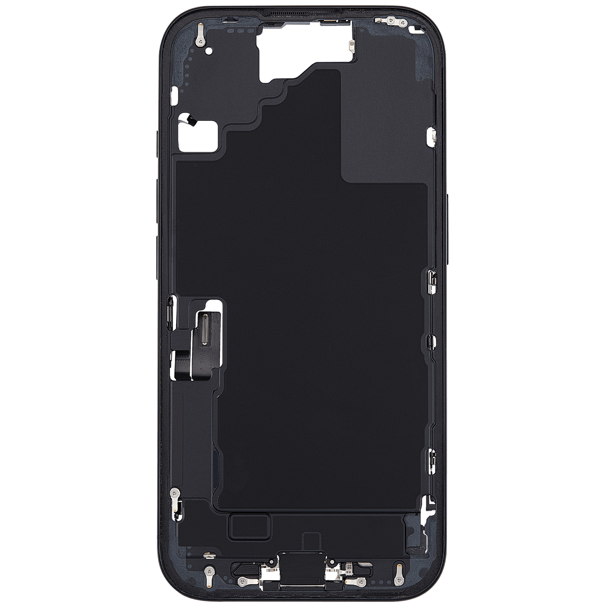 Mid Frame Housing W/ Charging Port Flex & Small Parts For I Phone 16 (Us Version) (Used Oem Pull: Grade B) (Black)