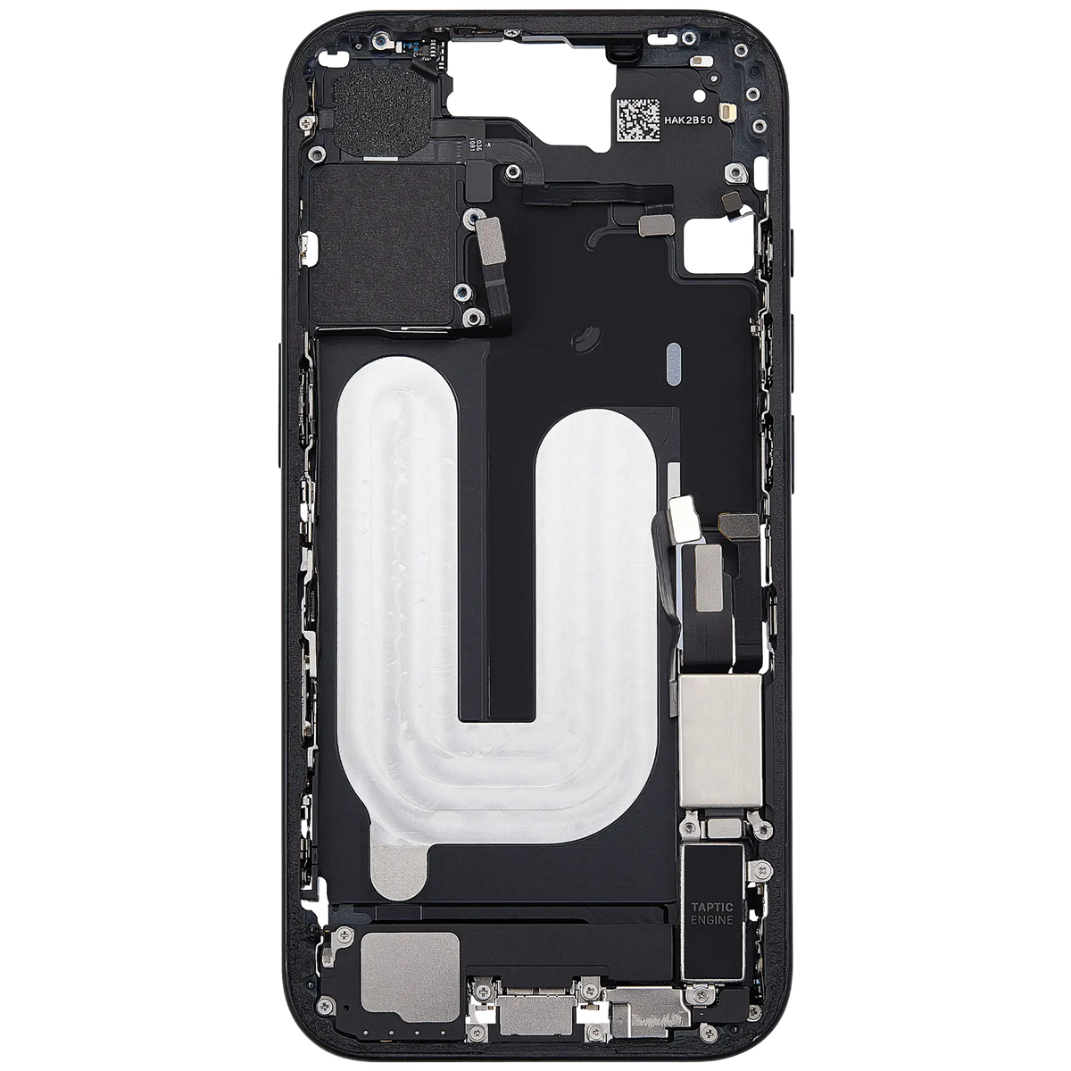 Mid Frame Housing W/ Charging Port Flex & Small Parts For I Phone 16 (Us Version) (Used Oem Pull: Grade B) (Black)