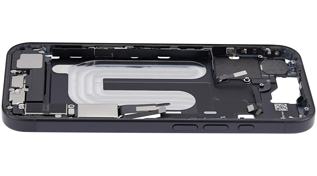 Mid Frame Housing W/ Charging Port Flex & Small Parts For I Phone 16 (Us Version) (Used Oem Pull: Grade B) (Black)