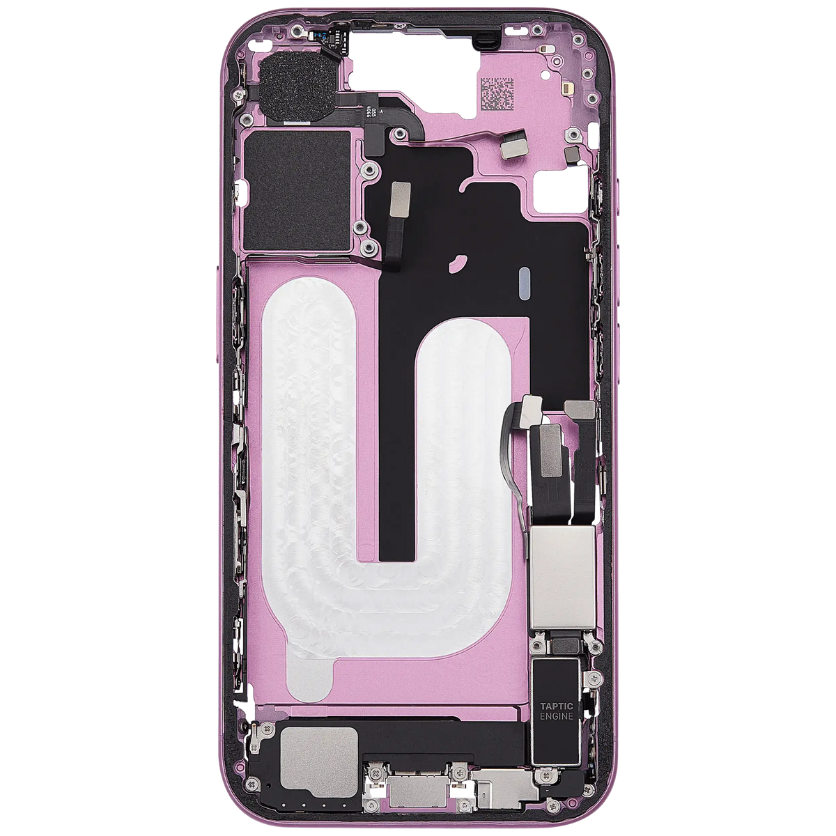 Mid Frame Housing W/ Charging Port Flex & Small Parts For I Phone 16 (Us Version) (Used Oem Pull: Grade B) (Pink)
