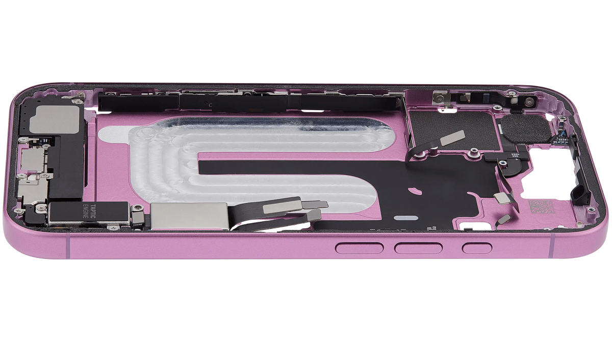 Mid Frame Housing W/ Charging Port Flex & Small Parts For I Phone 16 (Us Version) (Used Oem Pull: Grade B) (Pink)