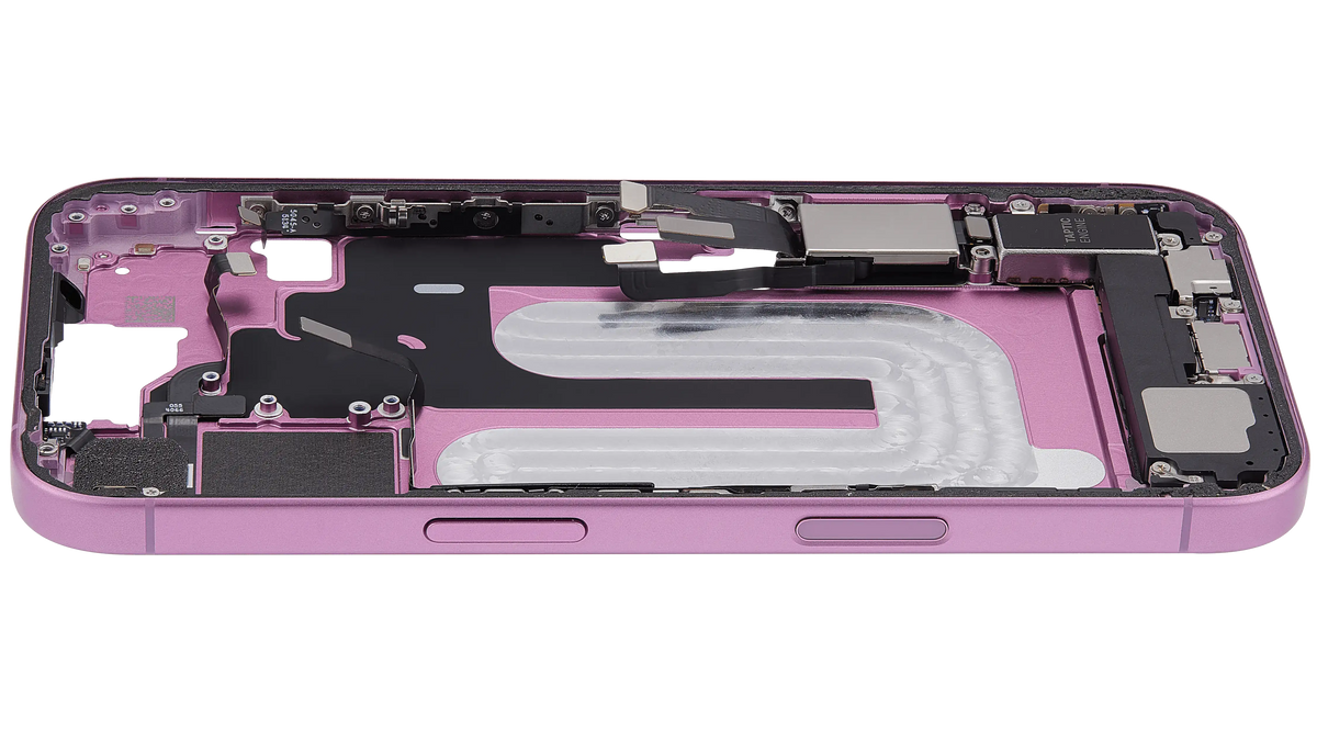 Mid Frame Housing W/ Charging Port Flex & Small Parts For I Phone 16 (Us Version) (Used Oem Pull: Grade B) (Pink)
