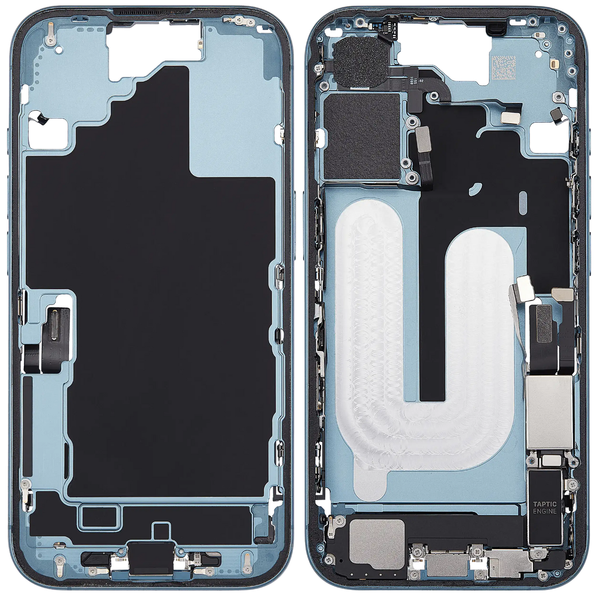 Mid Frame Housing W/ Charging Port Flex & Small Parts For I Phone 16 (Us Version) (Used Oem Pull: Grade B) (Teal)