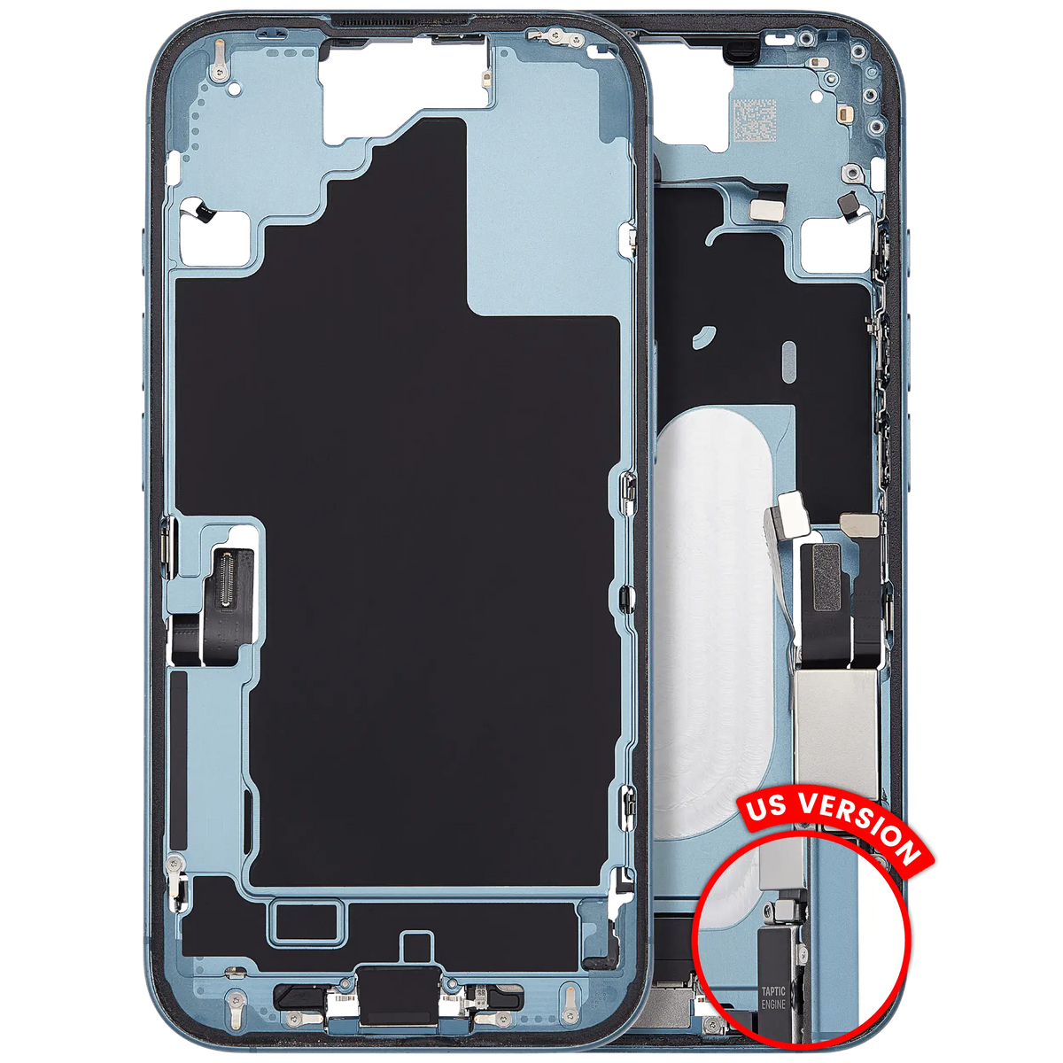 Mid Frame Housing W/ Charging Port Flex & Small Parts For I Phone 16 (Us Version) (Used Oem Pull: Grade B) (Teal)