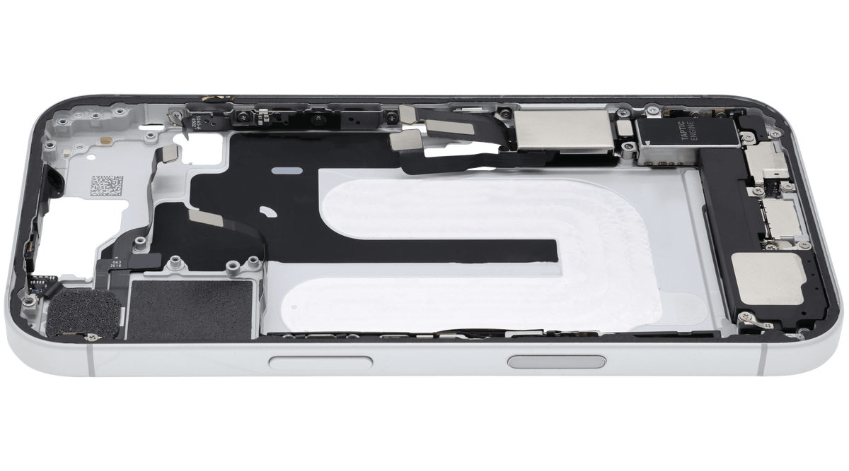 Mid Frame Housing W/ Charging Port Flex & Small Parts For I Phone 16 (Us Version) (Used Oem Pull: Grade B) (White)