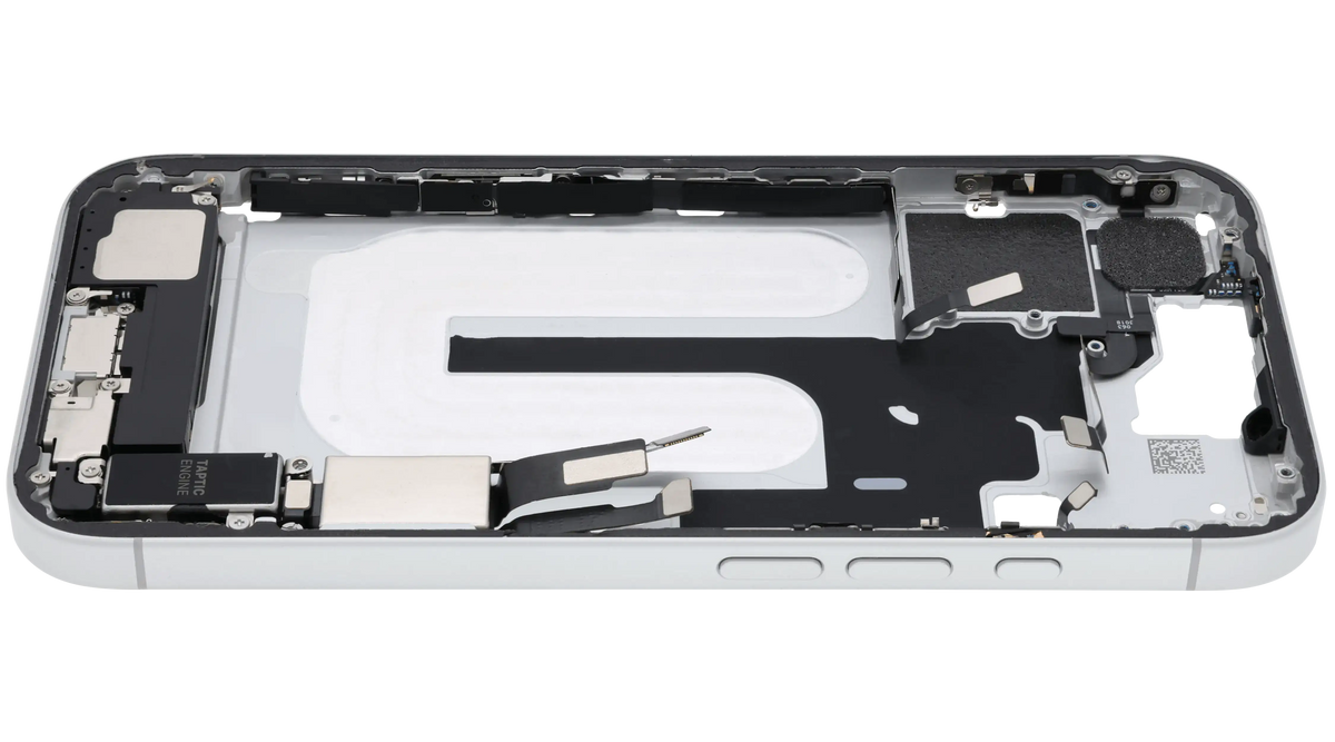 Mid Frame Housing W/ Charging Port Flex & Small Parts For I Phone 16 (Us Version) (Used Oem Pull: Grade B) (White)