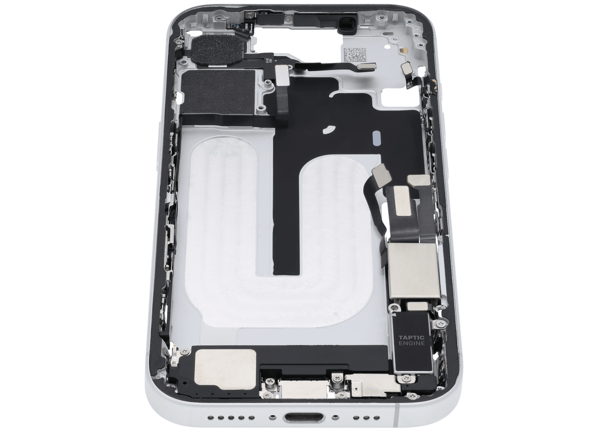 Mid Frame Housing W/ Charging Port Flex & Small Parts For I Phone 16 (Us Version) (Used Oem Pull: Grade B) (White)