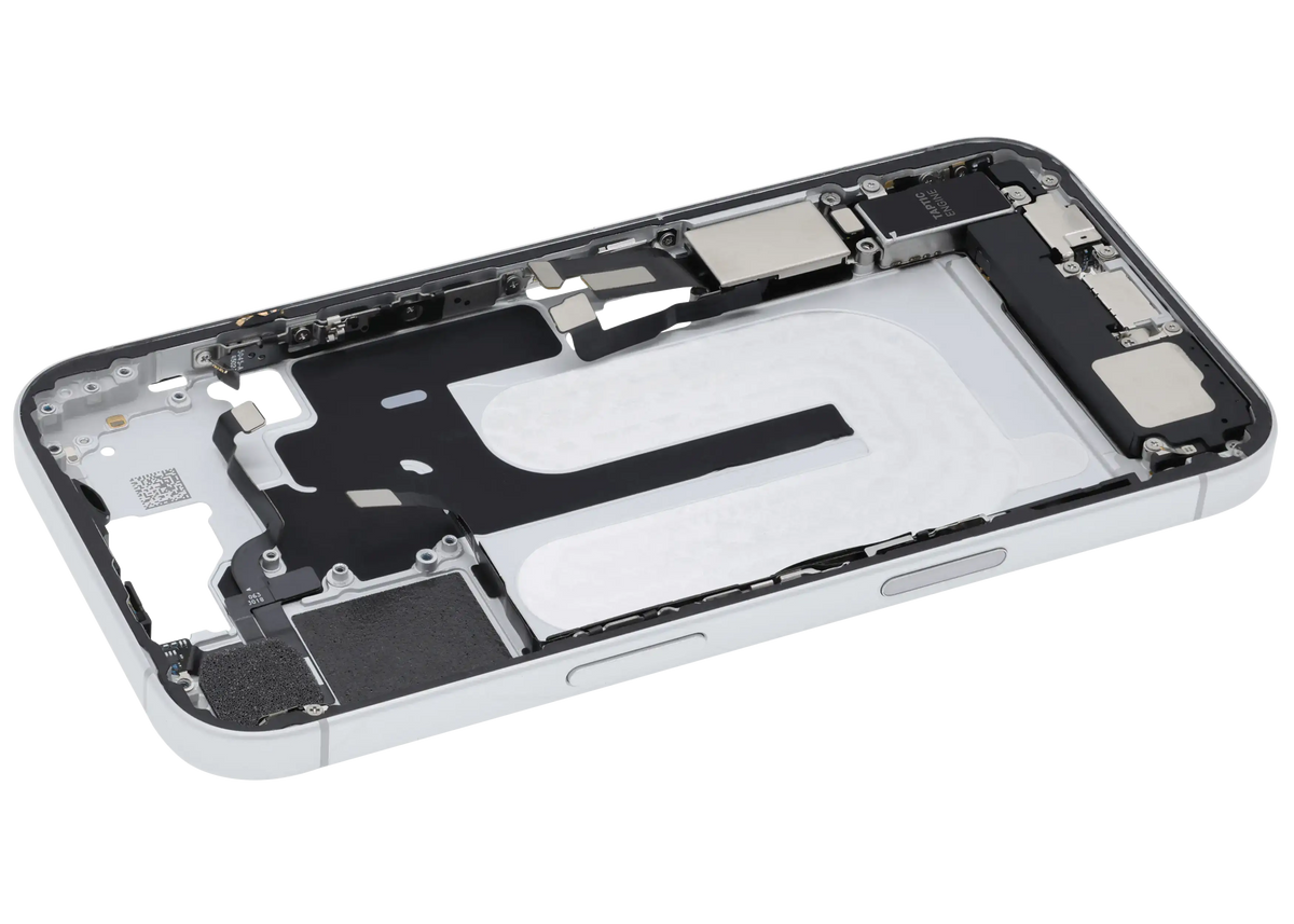 Mid Frame Housing W/ Charging Port Flex & Small Parts For I Phone 16 (Us Version) (Used Oem Pull: Grade B) (White)
