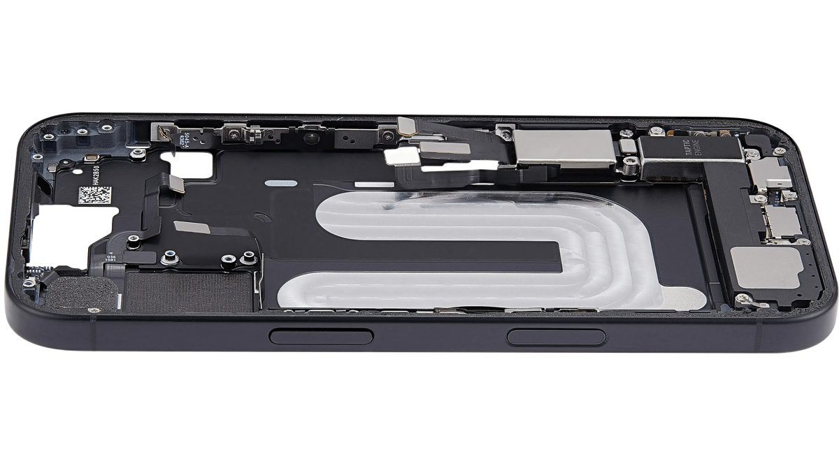 Mid Frame Housing W/ Charging Port Flex & Small Parts For I Phone 16 (Us Version) (Used Oem Pull: Grade C) (Black)