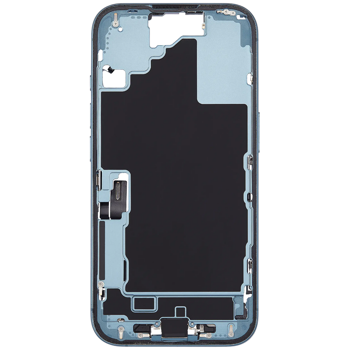 Mid Frame Housing W/ Charging Port Flex & Small Parts For I Phone 16 (Us Version) (Used Oem Pull: Grade C) (Teal)