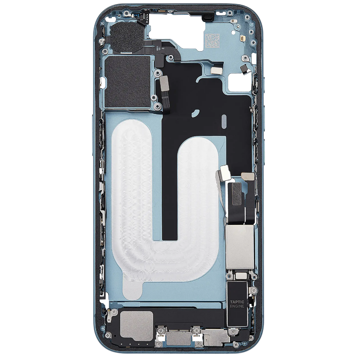 Mid Frame Housing W/ Charging Port Flex & Small Parts For I Phone 16 (Us Version) (Used Oem Pull: Grade C) (Teal)