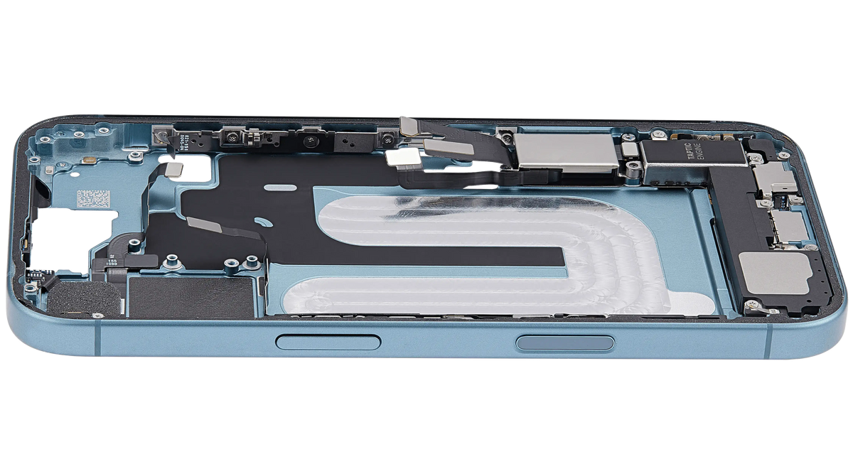 Mid Frame Housing W/ Charging Port Flex & Small Parts For I Phone 16 (Us Version) (Used Oem Pull: Grade C) (Teal)