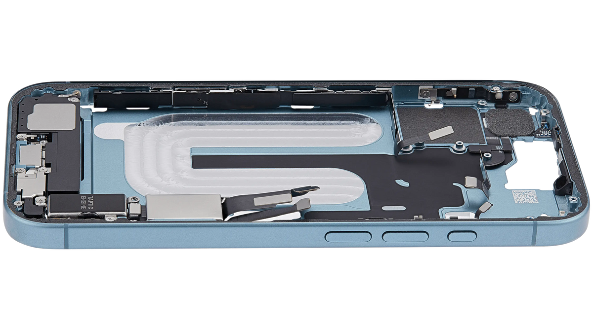 Mid Frame Housing W/ Charging Port Flex & Small Parts For I Phone 16 (Us Version) (Used Oem Pull: Grade C) (Teal)