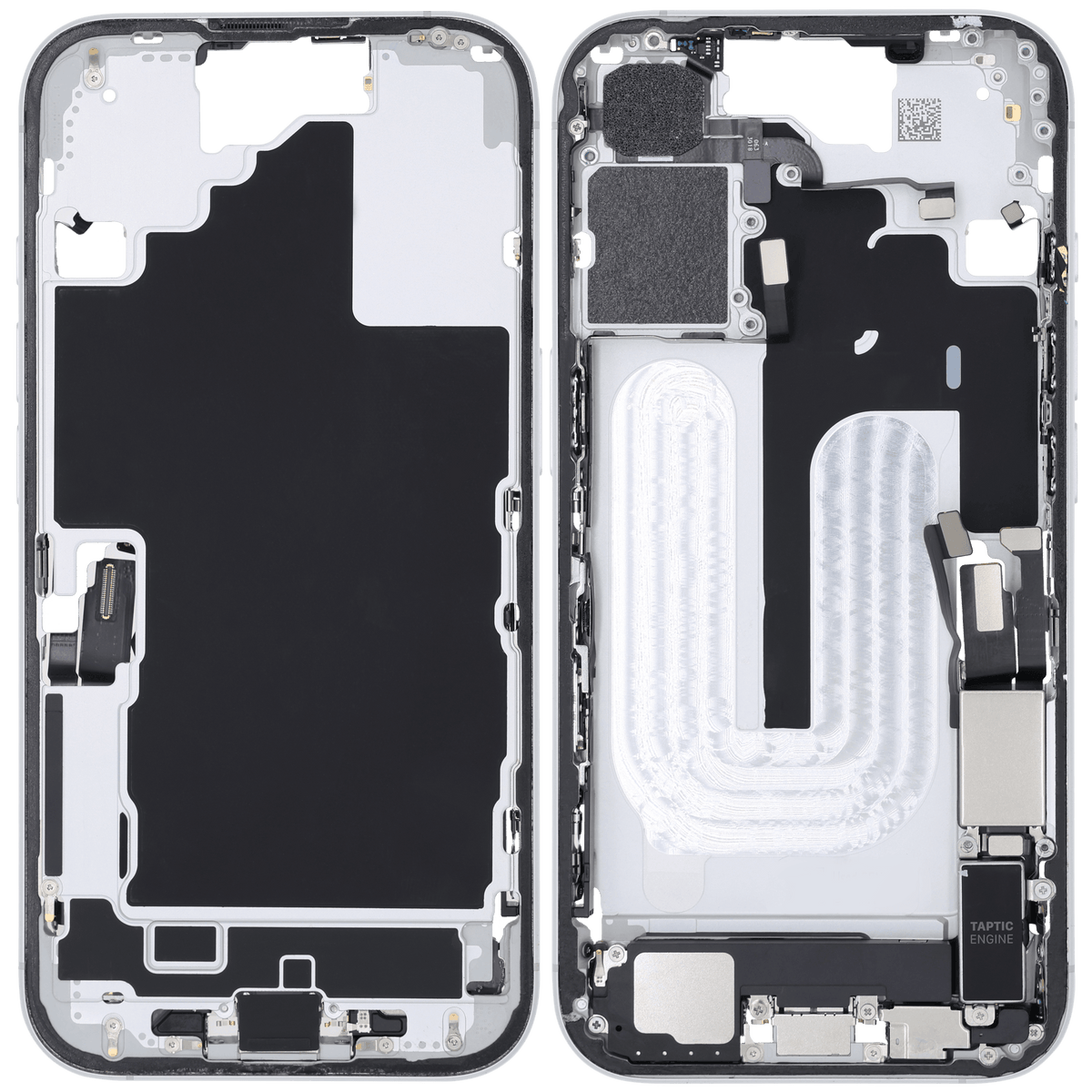 Mid Frame Housing W/ Charging Port Flex & Small Parts For I Phone 16 (Us Version) (Used Oem Pull: Grade C) (White)