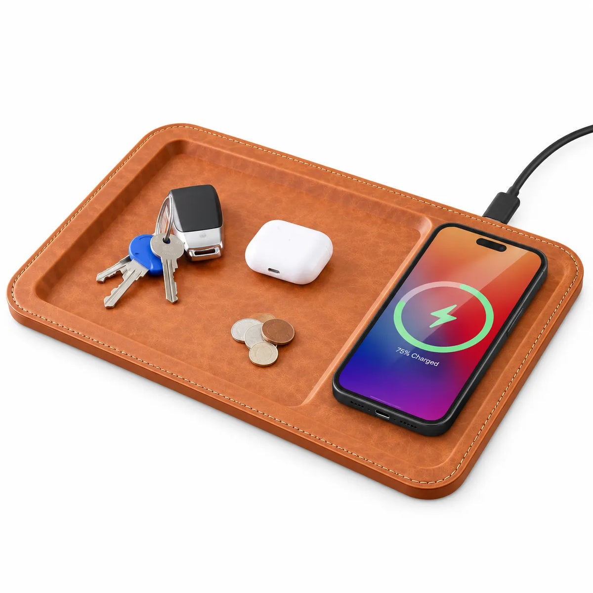 PU Leather Wireless Charging Vanity Tray Brown