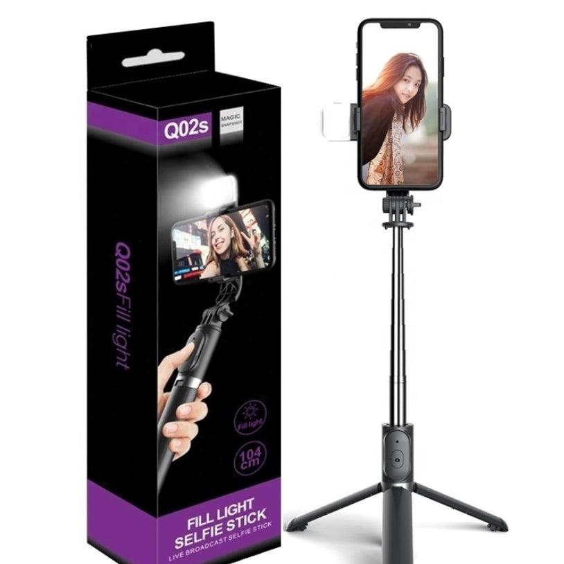 Q02S LED Fill Light Bluetooth Selfie Stick With Mini Tripod Stabilizer Black