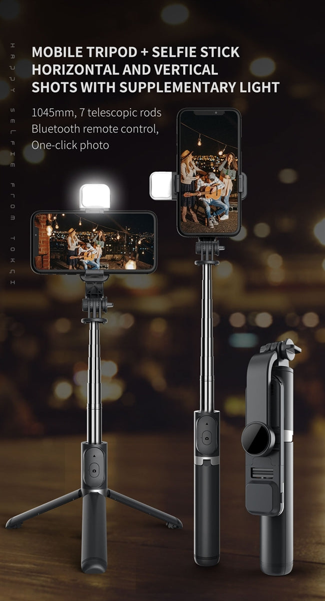 Q02S LED Fill Light Bluetooth Selfie Stick With Mini Tripod Stabilizer Black
