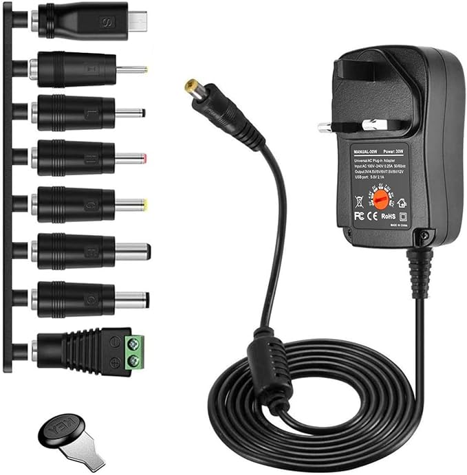 Universal 3V - 12V Adapter with 8Pcs DC Tips 30W Black-www.firsthelptech.ie