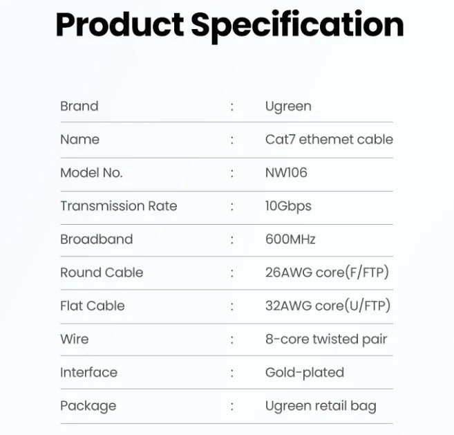 UGREEN 11260 Cat 7 U/FTP Lan Cable Flat Design 1M
