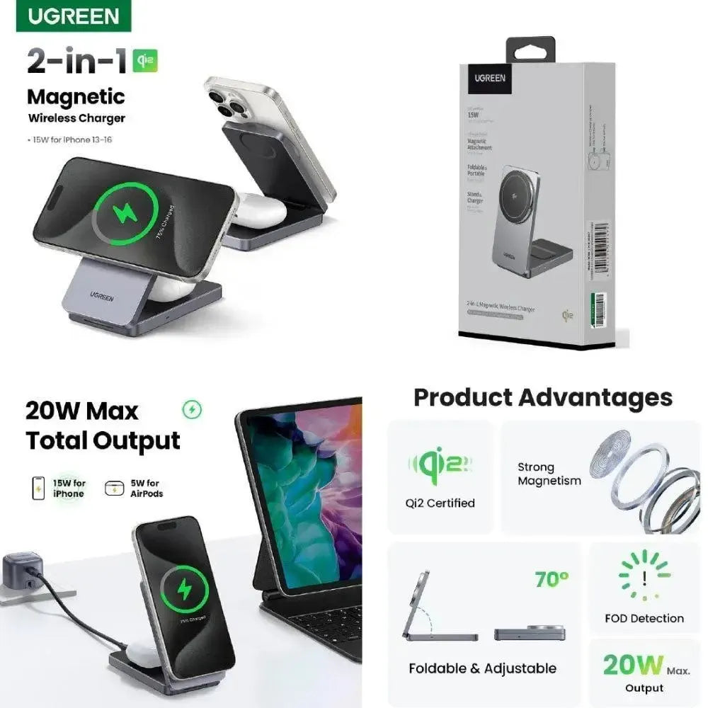 UGREEN 45023 2 In 1 Foldable 15W Magnetic Wireless Charger Black