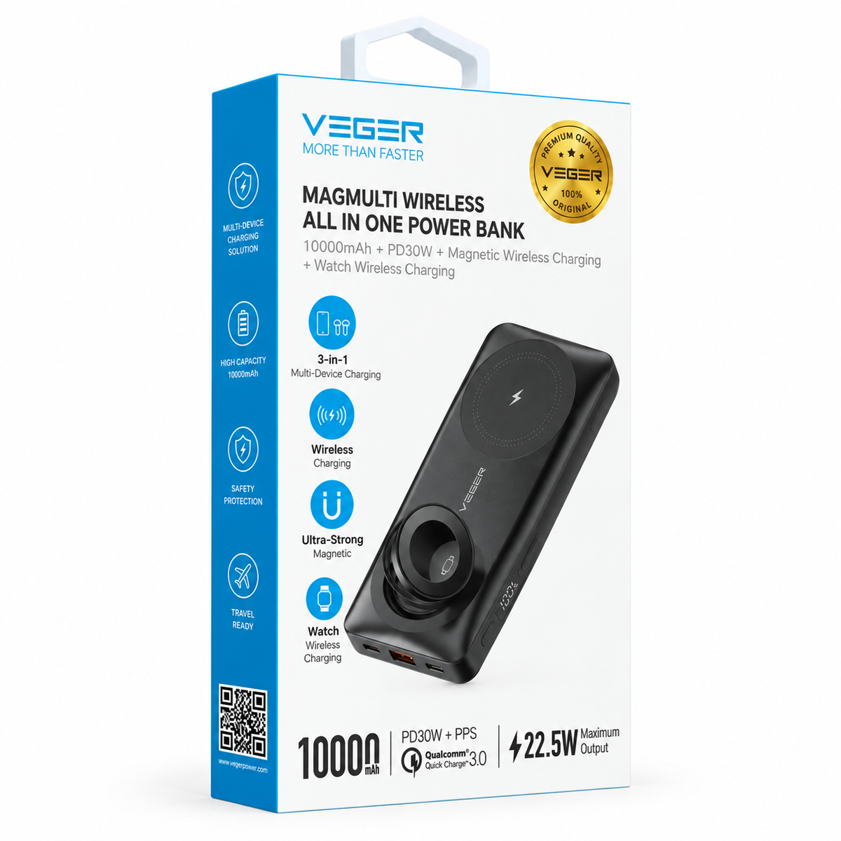 Veger MagMulti W1156 PD QC3.0 3A 22,5W 10000mAh Power Bank With Wireless Charging Black