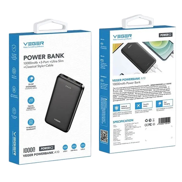 Veger W1065 A10 2A 10000mAh Power Bank Black