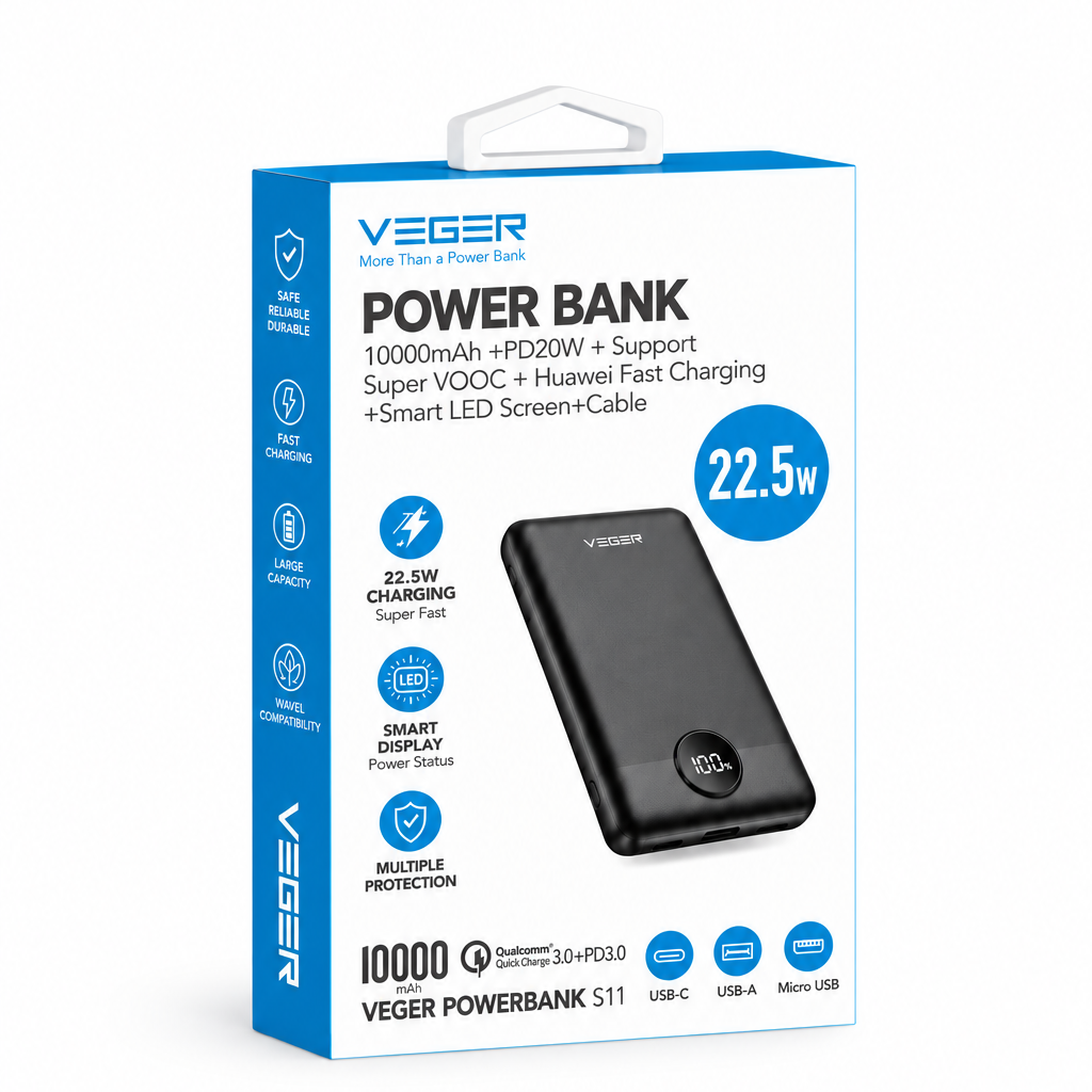 Veger W1140 S11 PD QC3.0 2A 22,5W 10000mAh Power Bank Black