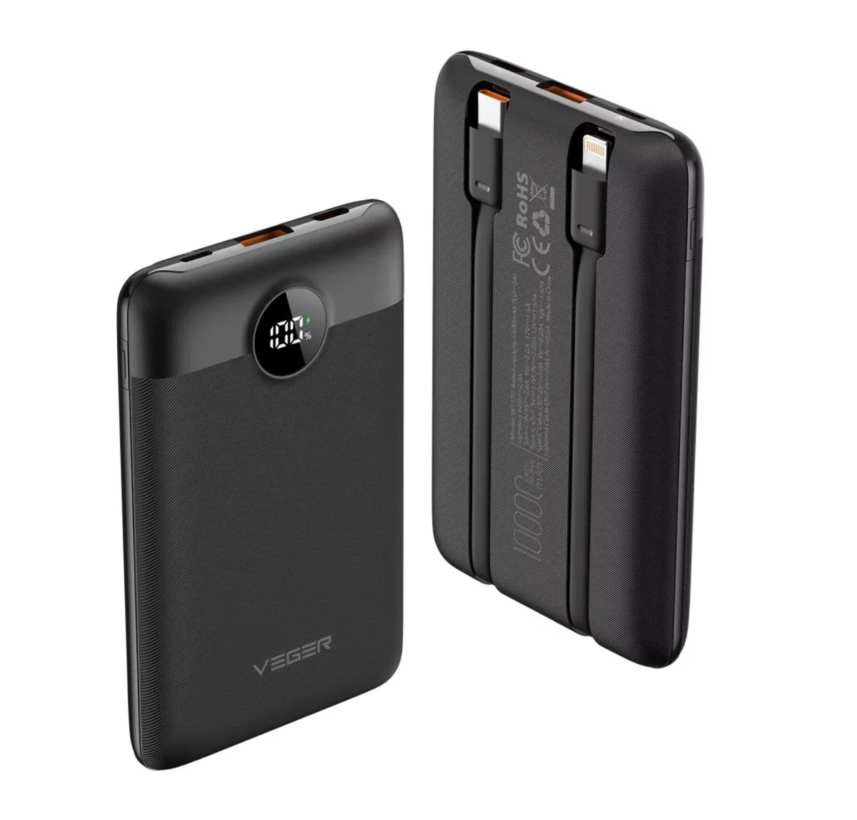 Veger W1170 C11 PD QC3.0 2A 22,5W 10000mAh Power Bank With Built-in USB-C Cables / Lightning Black