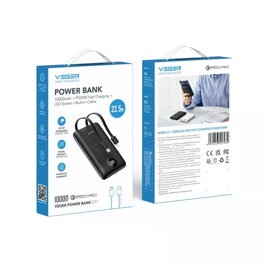 Veger W1170 C11 PD QC3.0 2A 22,5W 10000mAh Power Bank With Built-in USB-C Cables / Lightning Black