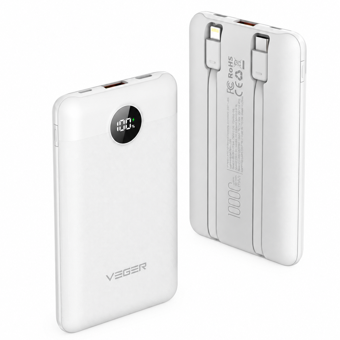 Veger W1170 C11 PD QC3.0 2A 22,5W 10000mAh Power Bank With Built-in USB-C Cables / Lightning White