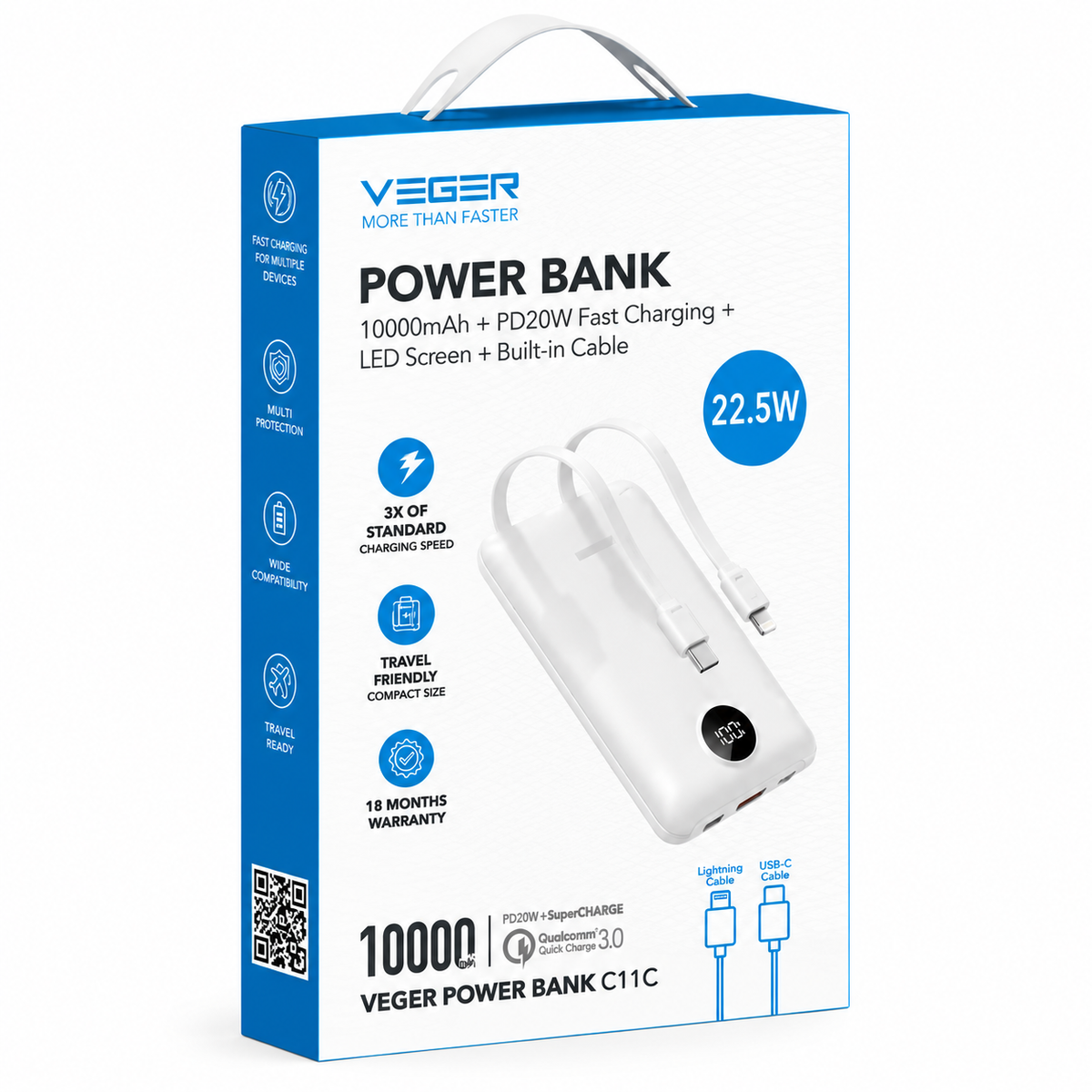 Veger W1170 C11 PD QC3.0 2A 22,5W 10000mAh Power Bank With Built-in USB-C Cables / Lightning White