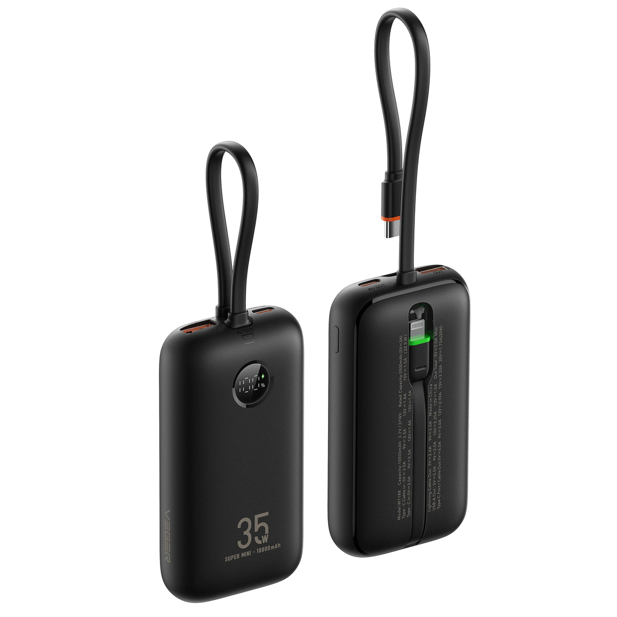 Veger W1188 K1 PD QC3.0 35W 10000mAh Power Bank With Built-in Type-C Cables / Lightning Black