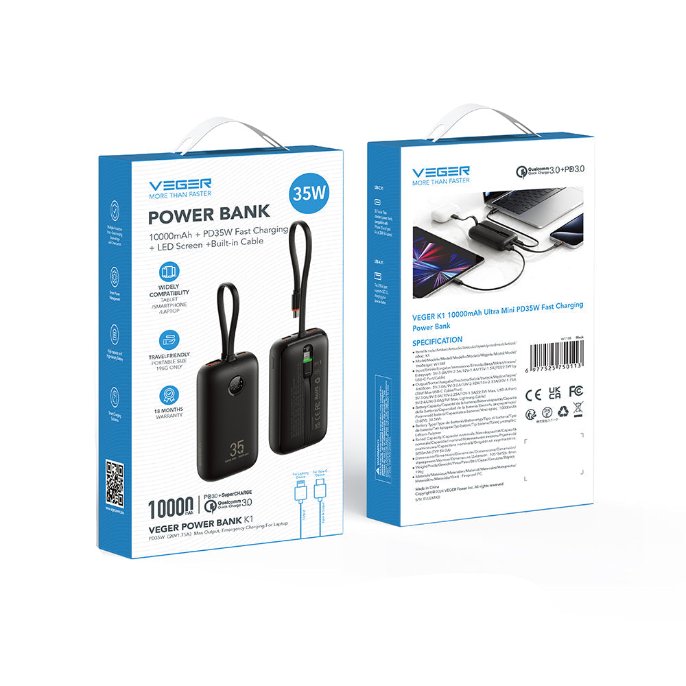 Veger W1188 K1 PD QC3.0 35W 10000mAh Power Bank With Built-in Type-C Cables / Lightning Black