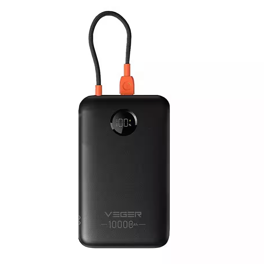 Veger W1189 Power Bank 10000mAh With Built-in Cable USB C QC3.0 PD 2A 22,5W K1C Black