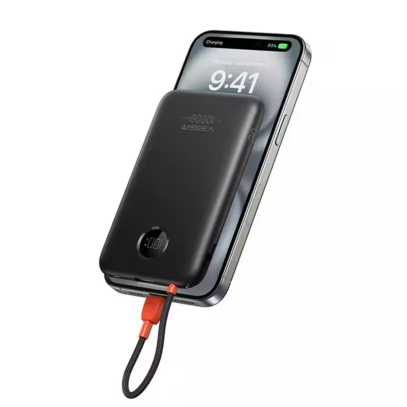 Veger W1189 Power Bank 10000mAh With Built-in Cable USB C QC3.0 PD 2A 22,5W K1C Black