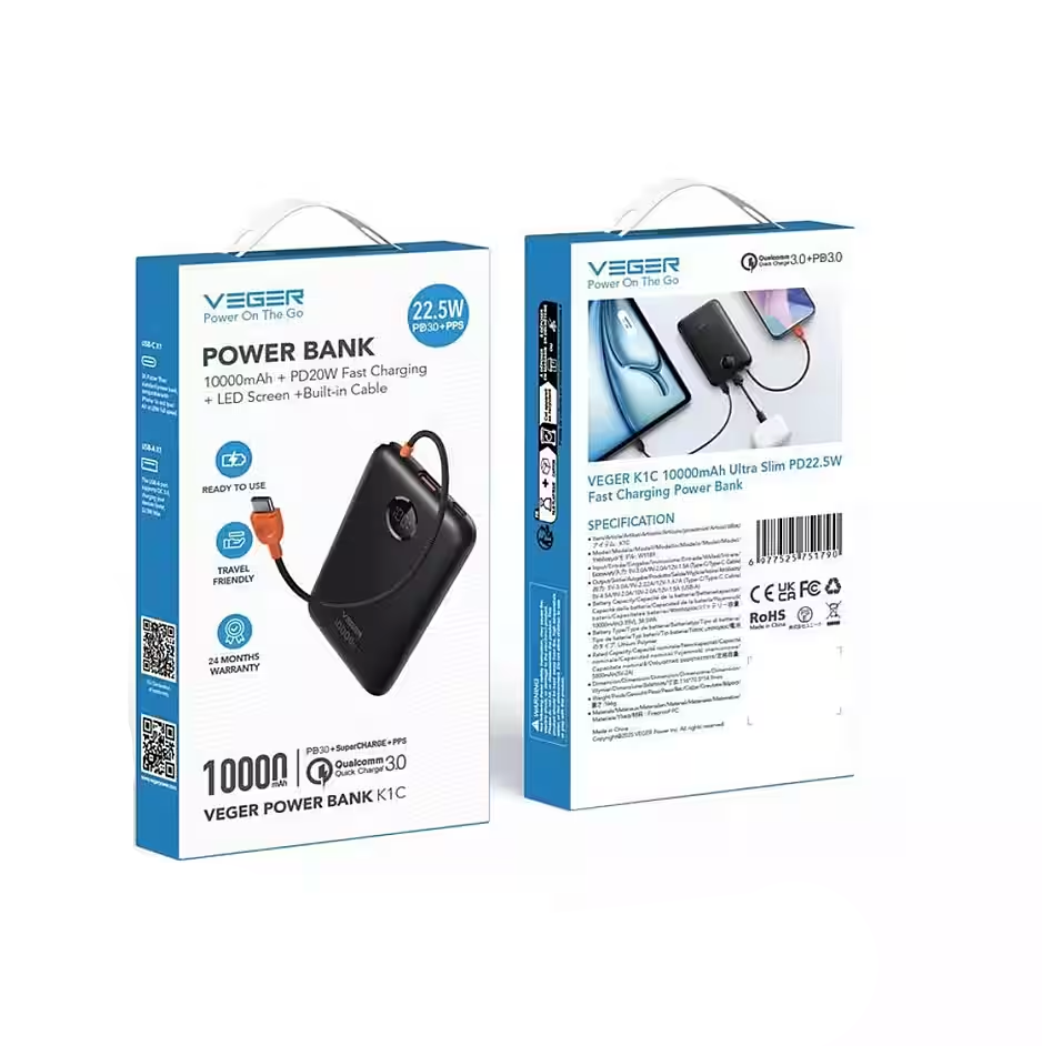 Veger W1189 Power Bank 10000mAh With Built-in Cable USB C QC3.0 PD 2A 22,5W K1C Black