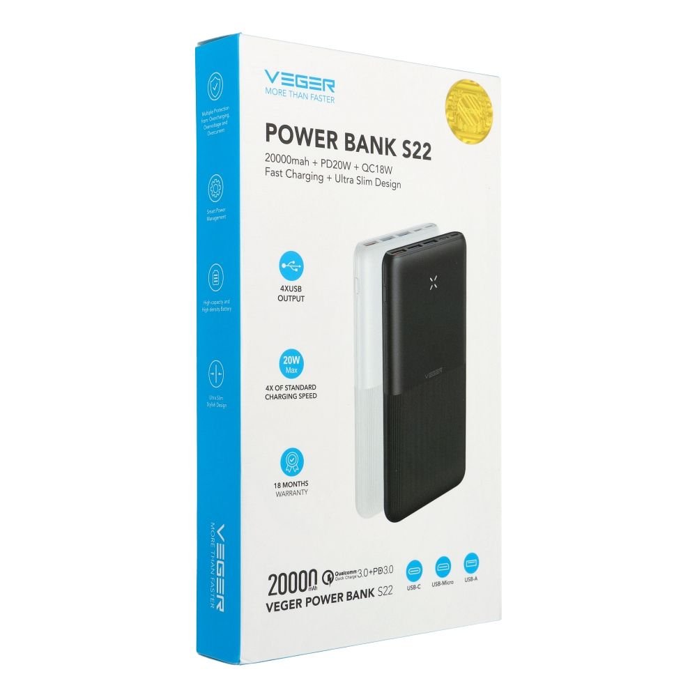 Veger W2060 PD QC3.0 3A 20W 20000mAh Power Bank Black