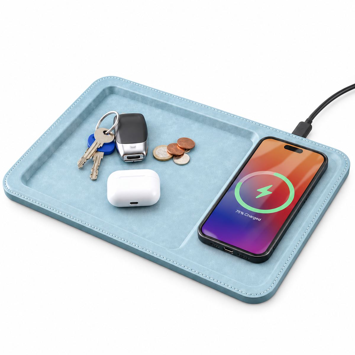 PU Leather Wireless Charging Vanity Tray Blue