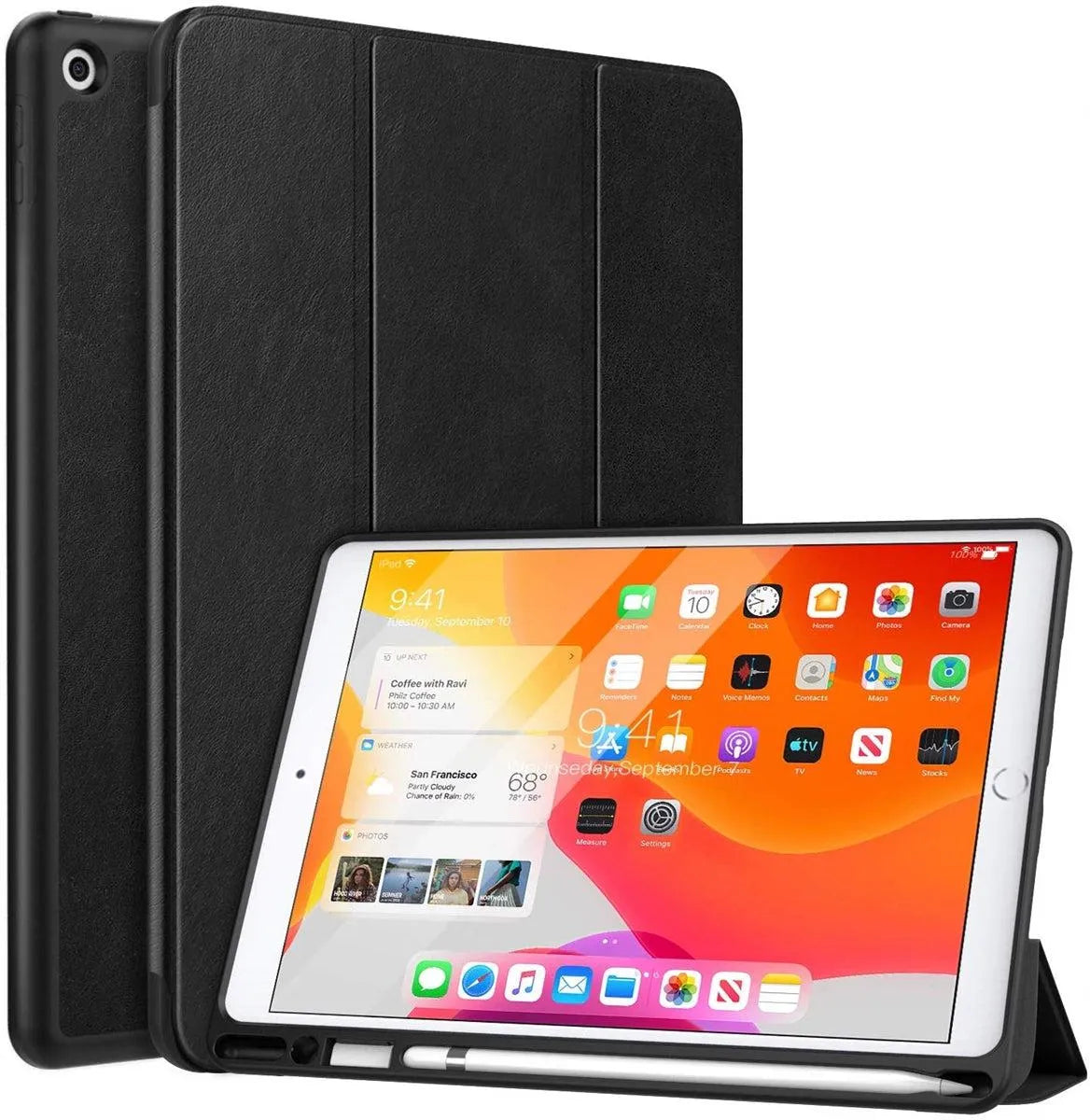 For Apple iPad 10.2'' (2020)/ (2019) 7th Gen Tri Fold Pen Slot Wallet Case - Black