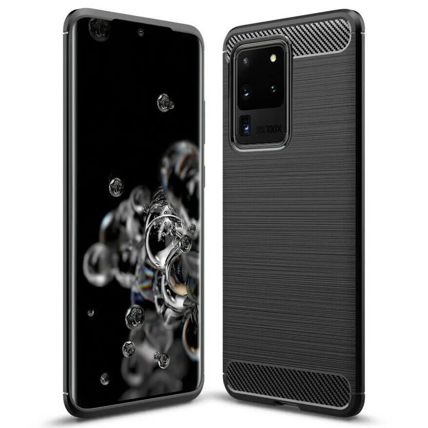 For Samsung Galaxy S20 Ultra / S20 Ultra 5G Carbon Fibre Design Case TPU Cover - Black