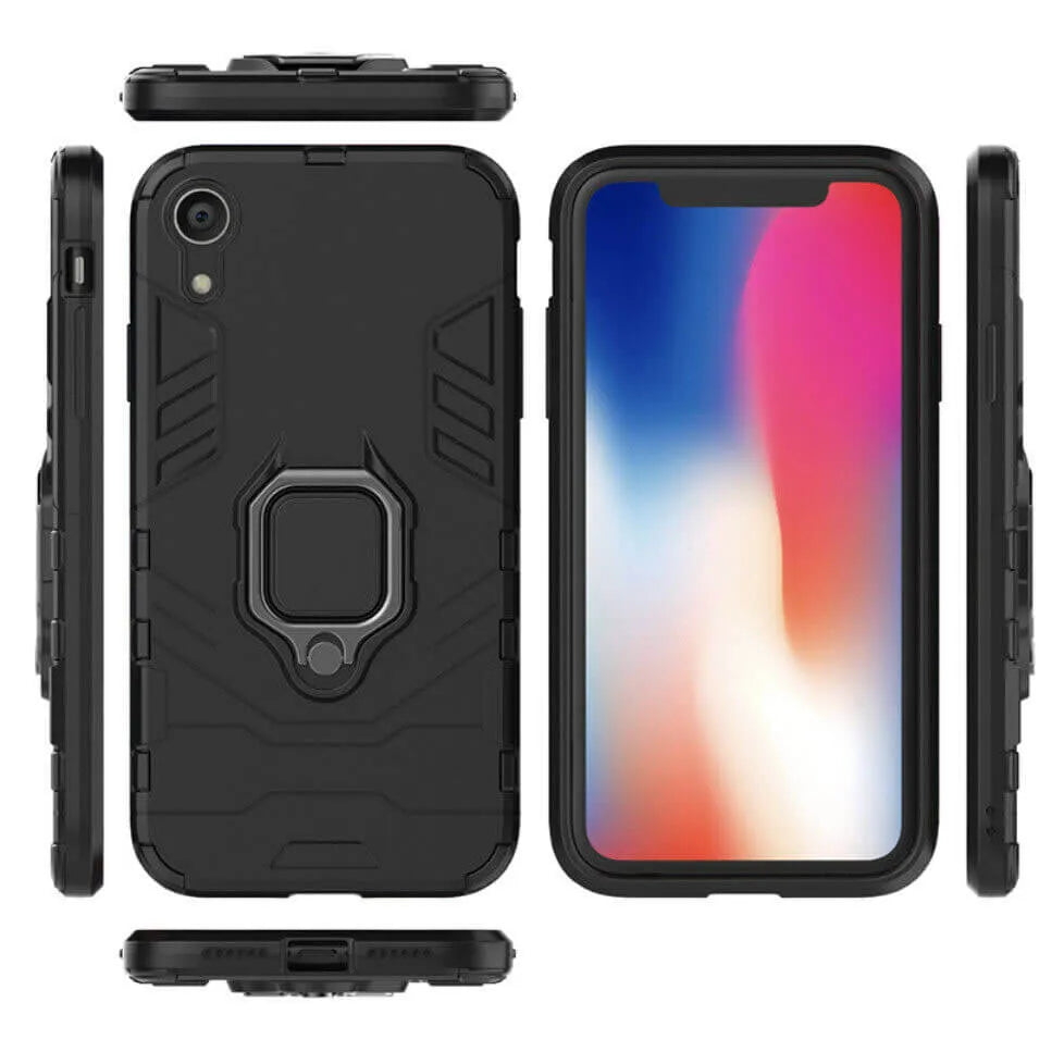 For Apple iPhone XR Luxury Armor Case Shockproof Cover Magnet Ring Holder - Black