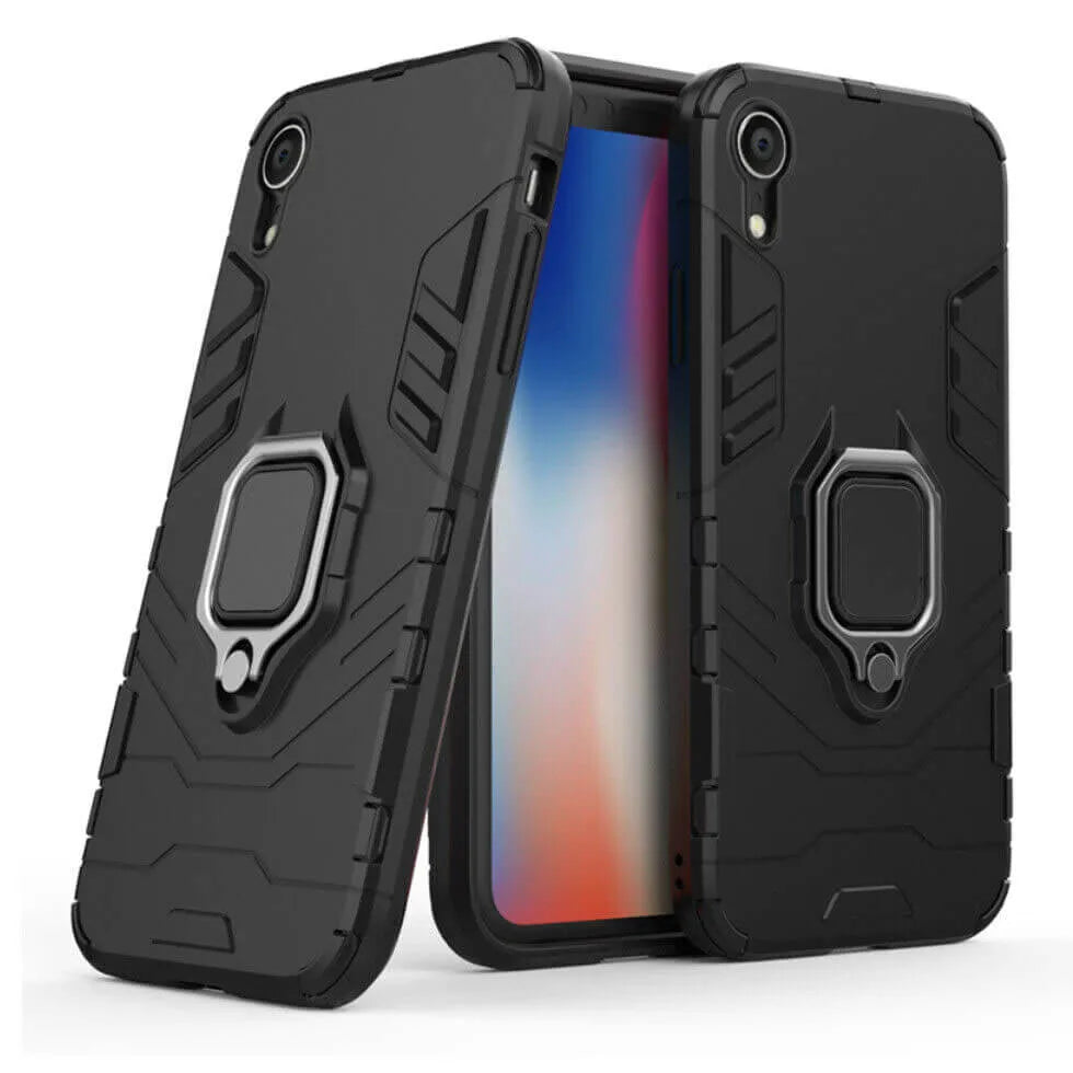 For Apple iPhone XR Luxury Armor Case Shockproof Cover Magnet Ring Holder - Black