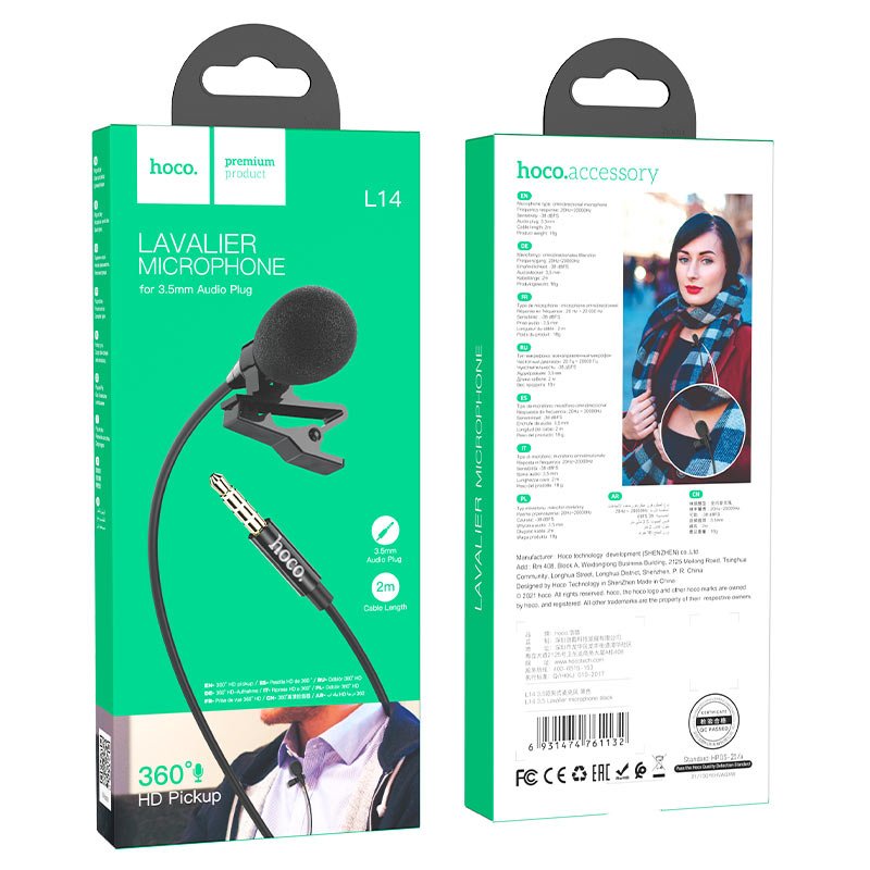 Hoco L14 Lavalier 3.5mm Universal Audio Plug Microphone 2m Black