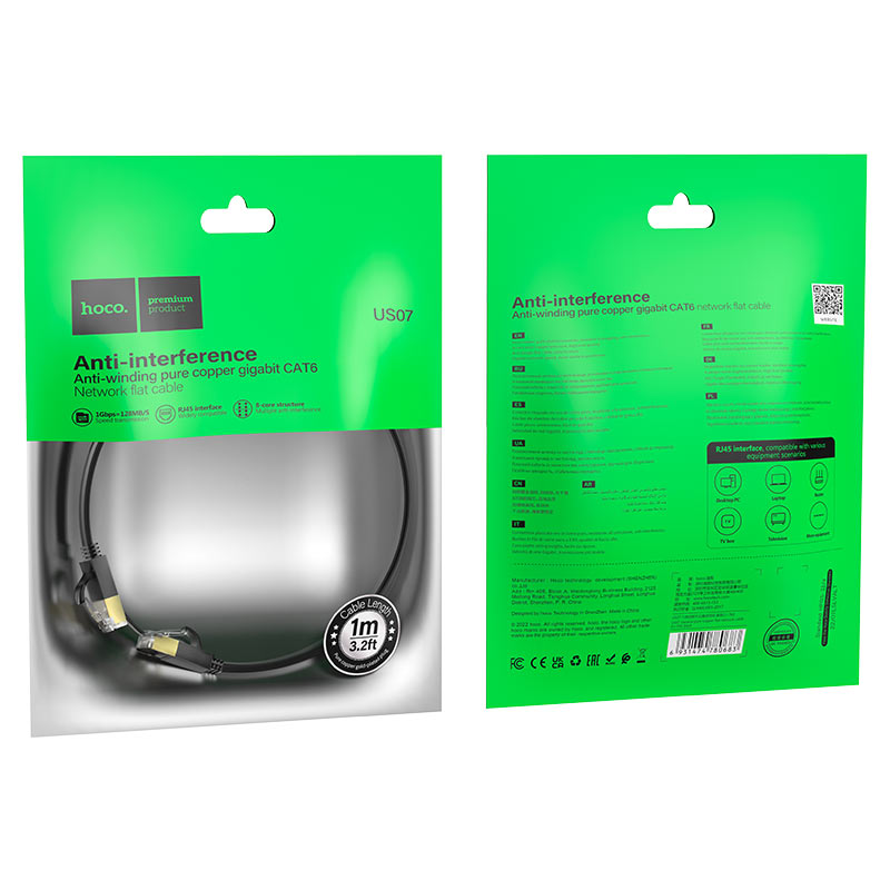 Hoco US07 Cat6 RJ45 Eneral Pure Copper Flat LAN Ethernet Network Cable 1M