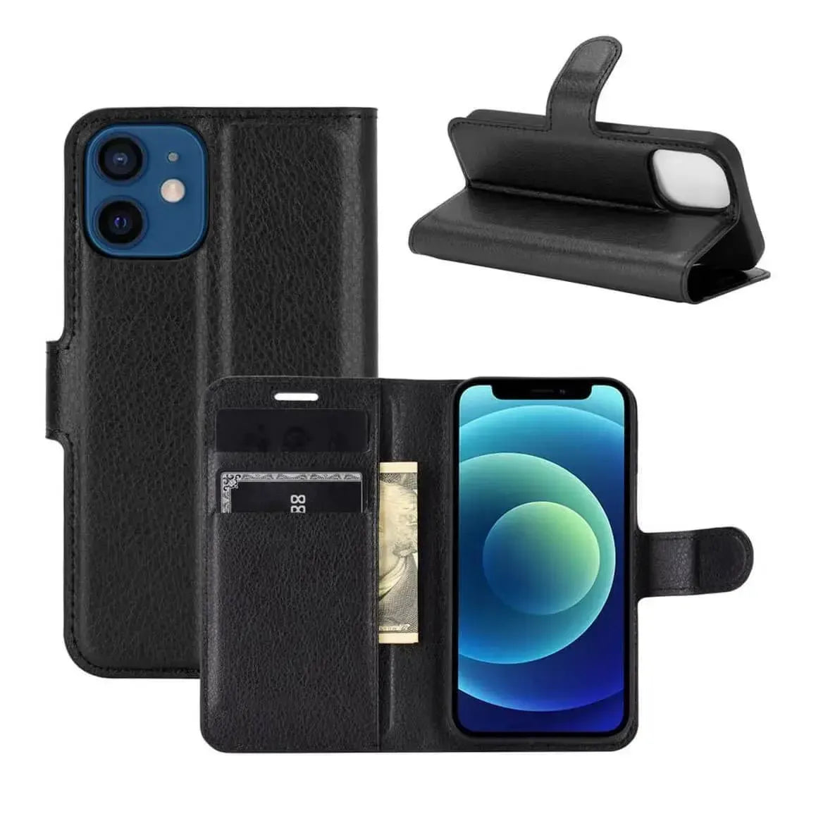 PU Leather Wallet Cover For Apple iPhone 12 Mini Case Holder Card Slots Black