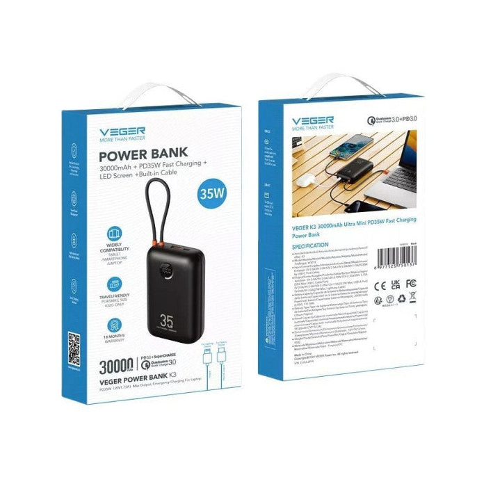 Veger W3018 K3 PD QC3.0 35W 30000mAh Powerbank With Built-in Type-C Cables / Lightning Black