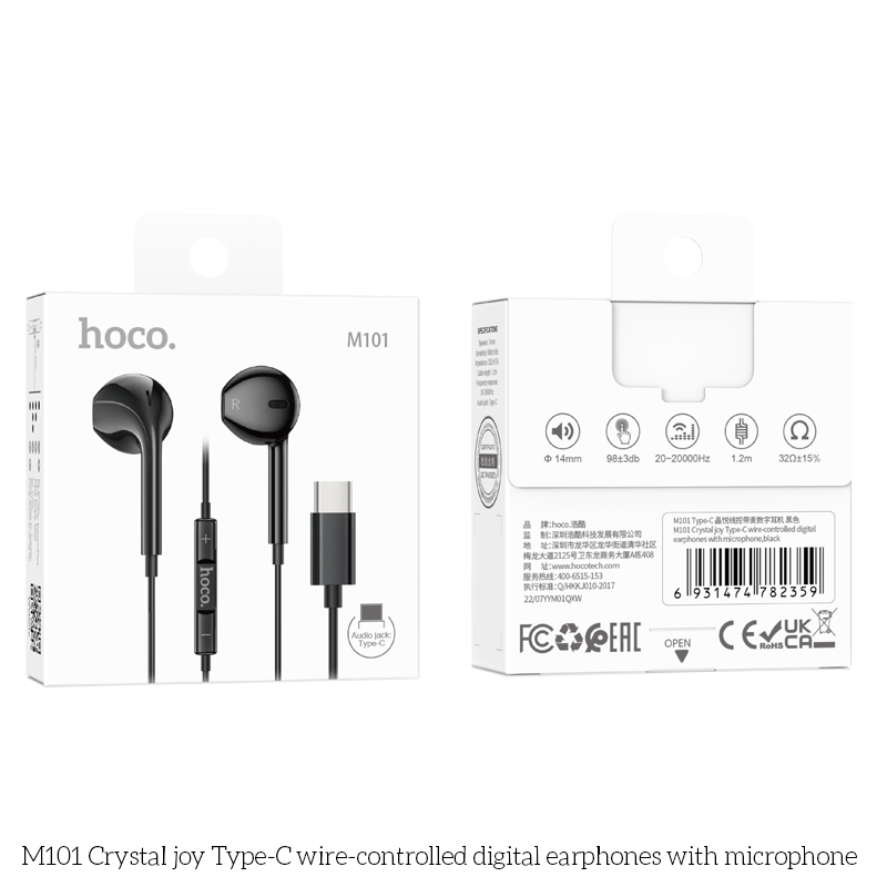 Hoco M101 Crystal Joy Type-C Wired Earphone Black